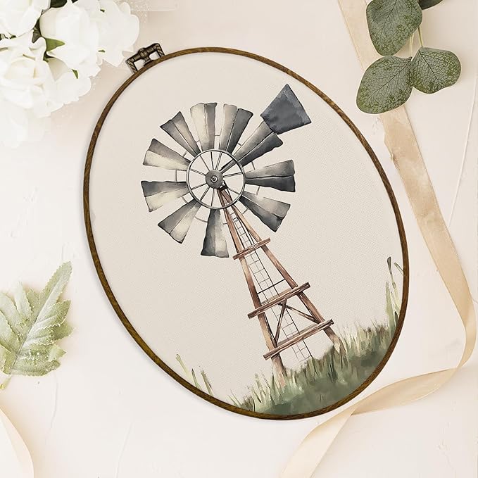 dvhdajed Vintage Cottagecore Windmill Oval Wall Art Decor,Retro Cottagecore Windmill Framed Canvas Art,Country Farm Windmills Oval Wall Hanging Decor for Nursery Bedroom Living Room，8.7x11.3 Inch