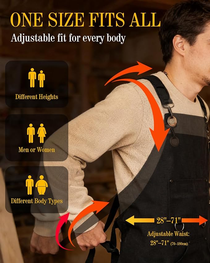 Heavy Duty Canvas Tool Aprons for Men: 6-Pocket, with Quick-Release Buckle, Ergonomic X-Cross Back, Adjustable Waist 28"–71", Mechanics Apron for Men, Ideal for Woodworking, Workshop, DIY & Carpentry