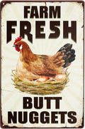 Farm Fresh Butt Nuggets Metal Chicken Coop Sign, Funny Chicken Decor for Country Cottage, Egg Sale Outdoor Wall Art 8x12Inch