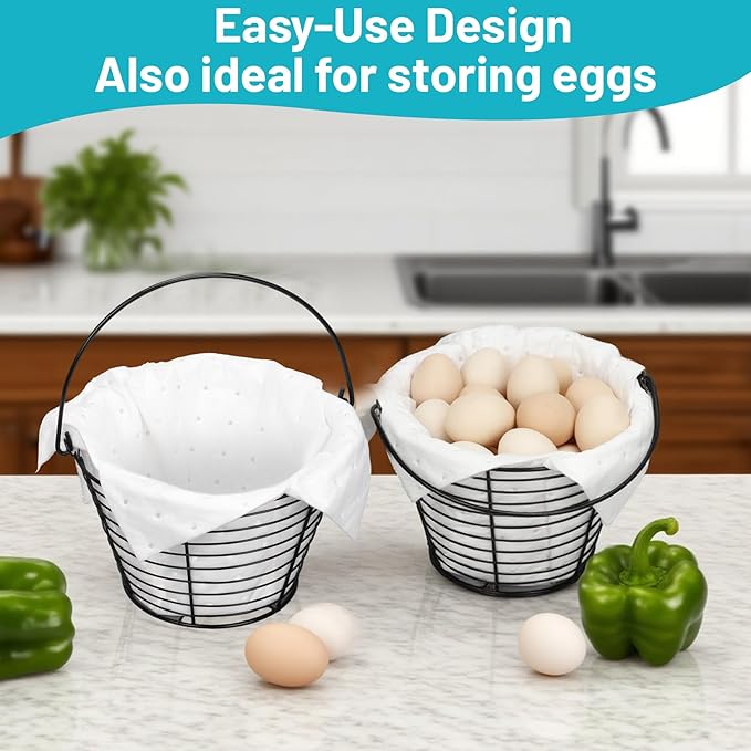 Egg Basket for Collecting & Carrying Chicken Eggs, 2 PCS 8" Wire Egg Basket with Soft Mats, Egg Collecting Baskets, Storagre & Transporting, Black