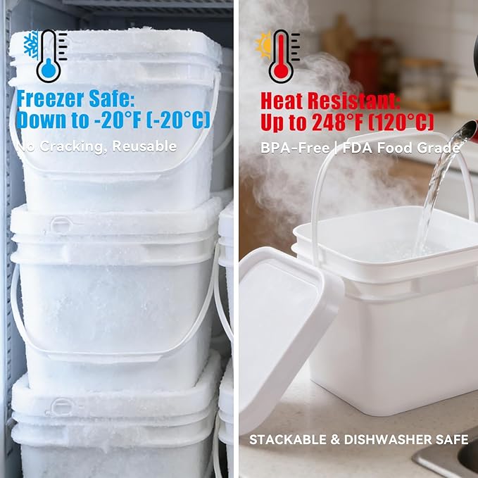 Bucket with Lid - 4 Packs Square Clear Plastic Storage Containers, Food Safe with Handle, Airtight Pressure Lids for Kitchen & Home (White, 34 oz)