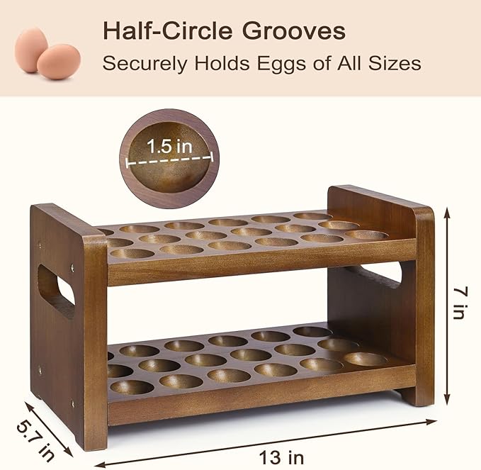 Egg Holder Countertop, 2-Tier Wooden Egg Holder for 36 Eggs, Wooden Countertop with Carry Handle for Chicken, Duck, and Quail Eggs
