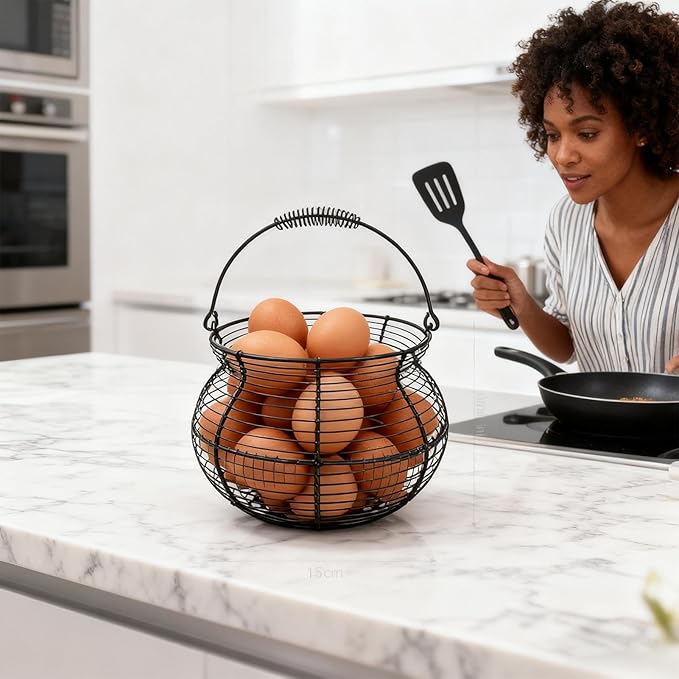 Egg Collecting Basket - Vintage Woven Wire Organizer, Chicken Egg Basket, With Handle Counter Ovum Holder | For Kitchen Counter Farmhouse Garden Harvest Fruit Vegetable Easter Festival