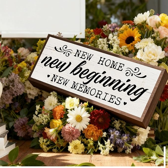 Rustic Home Sign, New Beginning New Memories Sign, Front Door Porch Decors, Decorative Wooden Framed Signs, Shelf Decoration, Wall Decor Art, House Cottage Decors, Housewarming Gift 9.5x3.1x1 inches