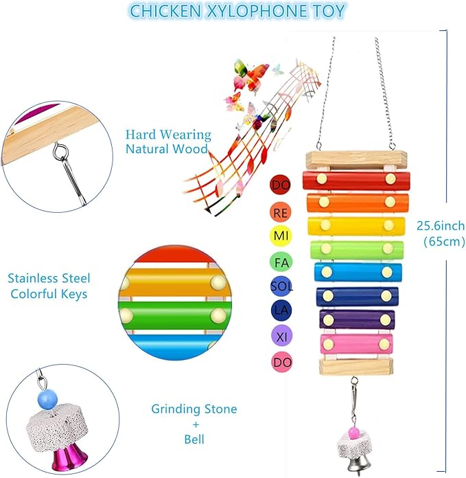 Longer Chain Chicken Toys for Coop Accessories 7PCS, Chicken Swing Ladder Perch roosts, Chicken Xylophone Mirror with Bells Vegetable Fruits Hanging Chicken Feeder for hens Bird Parrot