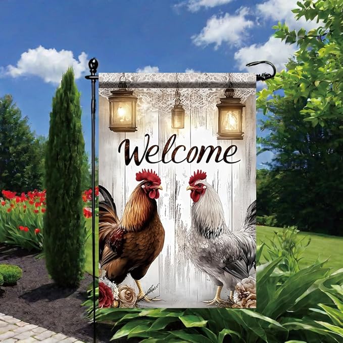 Welcome Rooster Garden Flag 12x18 Inch Double Sided Outdoor Yard Banner Farmhouse Chicken Lantern Rustic Wood Design Country Home Decoration for Porch Patio Lawn Garden Decor