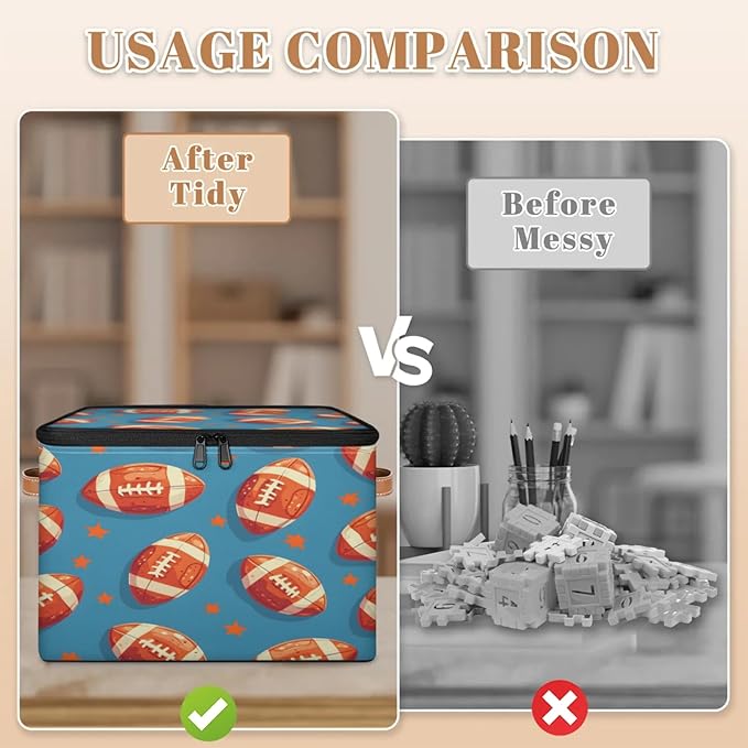 Storage Cubes with Lid Fabric Storage Bins Boxes PU Leather Handles, American Football Closet Organizer Container Foldable Washable Shelf Cloth Basket, Rugby Balls Sport