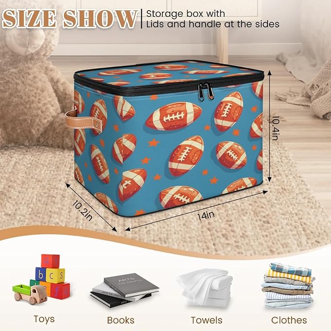 Storage Cubes with Lid Fabric Storage Bins Boxes PU Leather Handles, American Football Closet Organizer Container Foldable Washable Shelf Cloth Basket, Rugby Balls Sport