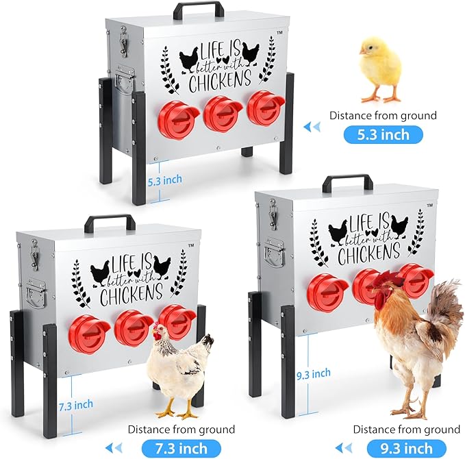TGEYD 30 lb Chicken Feeder with 6 No-Waste Ports – Heavy-Duty Outdoor Metal Feeder with Adjustable Height, Locking Lid & Riveted Handles – Rustproof Feed Box for Poultry & Backyard Chickens