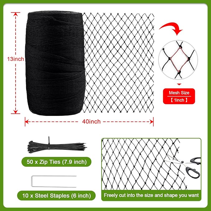 Garden Bird Net, 13 X 40 Feet Heavy-Duty Poultry Bird Net, with 50 Straps and 10 Staples, Used for Fruit Trees, Plants, Vegetables, and Garden Nets Against Birds and Deer
