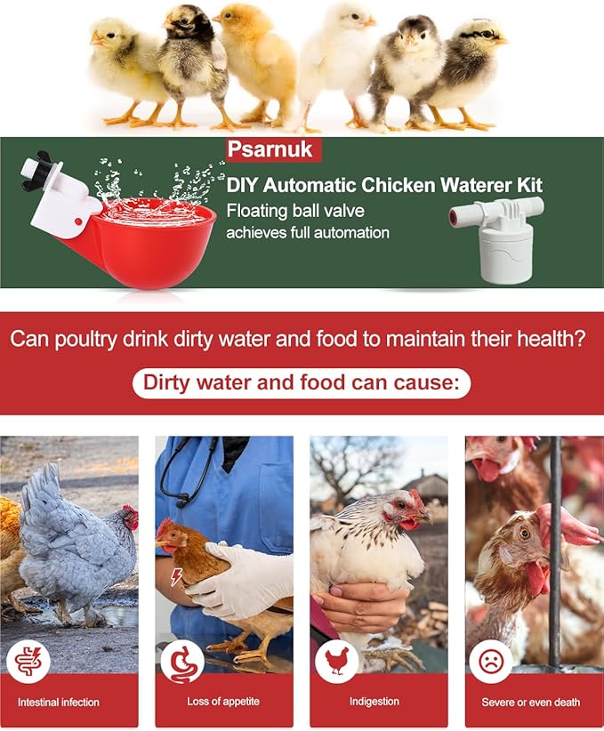 DIY Automatic Chicken Waterer Kit - 4 Chicken Water Cups, Float Valve, Drill Bit, 4 Hose Clamp, Teflon Tape - Universal for Poultry