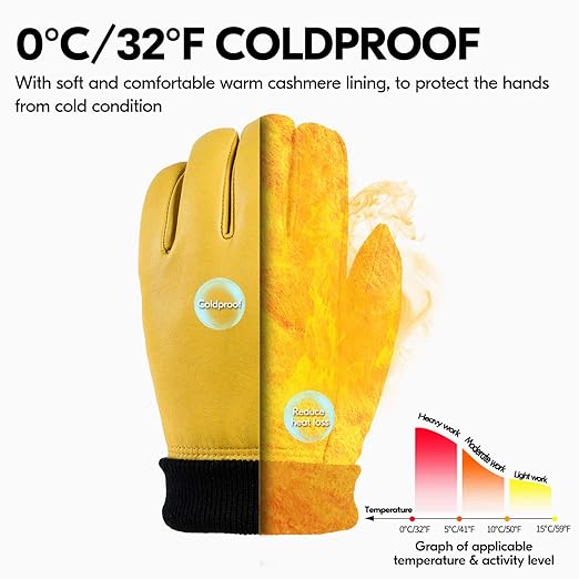Vgo... 1 Pair 0℃/32℉ Goat Leather Outdoor Glove,Winter Warm Gloves,Cold Weather Driving Gloves,Windproof (Size L, Gold, GA2152F)