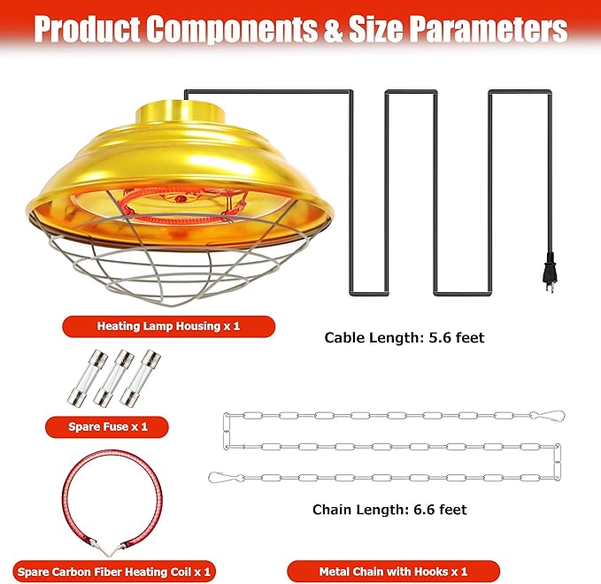 Heat Lamp for Chickens,200W-400W Dual-Temperature Chicken Coop Heater,Carbon Fiber Heating Element,Aluminum Alloy Shade & 6.6' Hanging Chain for Winter Poultry Warmth
