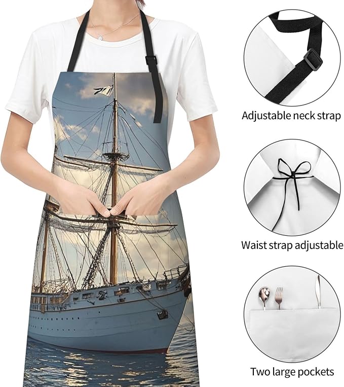 Waterproof Apron Adjustable Bib for Women Men Vintage Nautical White Ship Cooking Aprons Chef Bibs with 2 Pocket