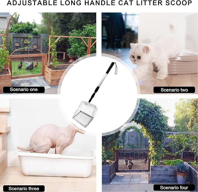 Cat Litter Scoop with Long Handle, 3 in 1 Adjustable 22" to 42" Chicken Coop Litter Scooper, Metal Pooper Sifter, Chicken Coop Sand Scooper, Sturdy Pet Care Tool, Chicken Coop Accessories