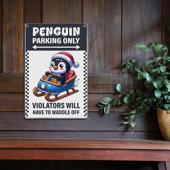 Penguin Parking Only Sign Metal 8 x 12 Inch Christmas Decor With Santa Hat Sled Design For Lovers Kids Room Winter Decoration Vintage Art Wall Home
