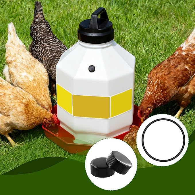 Plastic Poultry Waterer Replacement Parts Kit - 10 Caps & 4 O-Rings, Compatible with Miller, Little Giant PPF & Farm-Tuff 3/5/7 Gallon Poultry Founts (Black)