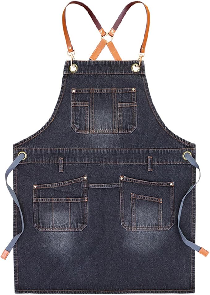 Denim Work Apron Adjustable Cross Back Gardening Aprons Multiple Pockets Men Women Restaurants, Cafes, BBQ