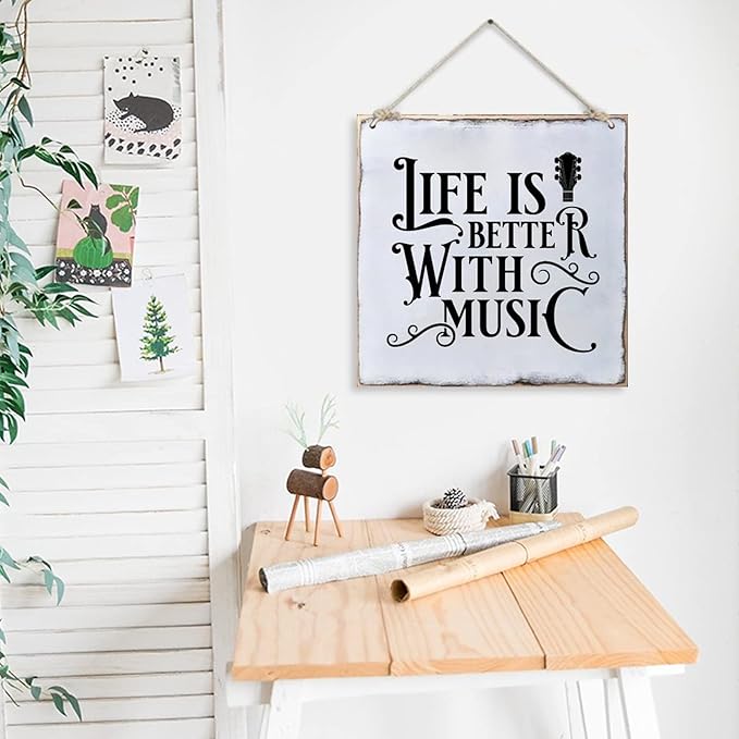 Distressed Look Wood Sign Life is Better with Music Rustic Farmhouse Wooden Sign with Quote Retro Wooden Art Plaque Vintage Wall Hanging Wall Decor for Porch Room House Home Decor Gift for Music Lover
