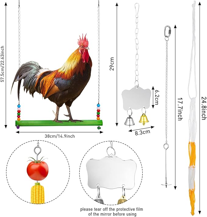 Gejoy 6 Pieces Chicken Toys for Coop Accessries Wooden Stand Mirror with Bells Coop Swing Veggies Fruit Skewer Vegetable Hanging Feeder Chewing Foraging Toys for Chicken