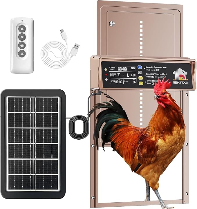 Automatic Chicken Coop Door Solar Powered, LCD Display Chicken Door with Timer & Light Sensor, 4 Modes Automatic Chicken Door Solar, Anti-Pinch & Weather Proof Coop Door with Remote Control