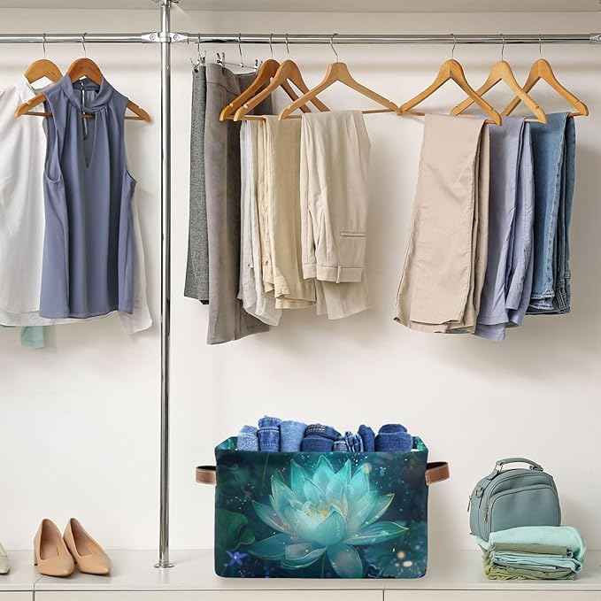JIPONI Glowing Lotus Fabric Storage Bins for Shelves, Decorative Storage baskets for organizing, Closet Organizer with Handle for Cloth, Toys, Bedrooms, Farmhouse