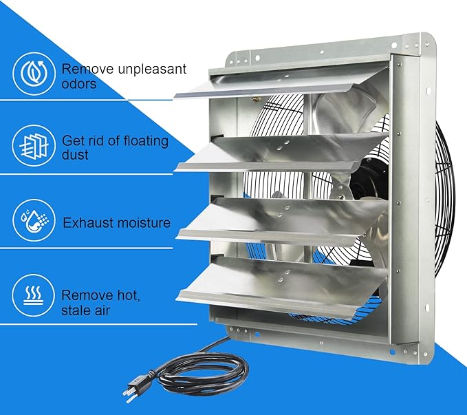 KEN BROWN 18 Inch Shutter Exhaust Fan, Gable Vent Fan, Wall Mount Ventilation, High Speed 2600 CFM, Automatic Aluminum Blades, for Garages, Shop, Greenhouse, Attic, with Power Cord