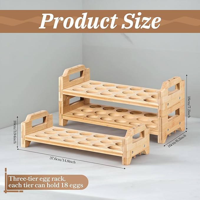 3 Pack Wooden Egg Holder Stackable Egg Storage for Countertop Eggs Collecting Storage Display Rack Holding Up to 54 Fresh Eggs for Chicken, Duck, Turkey Quail