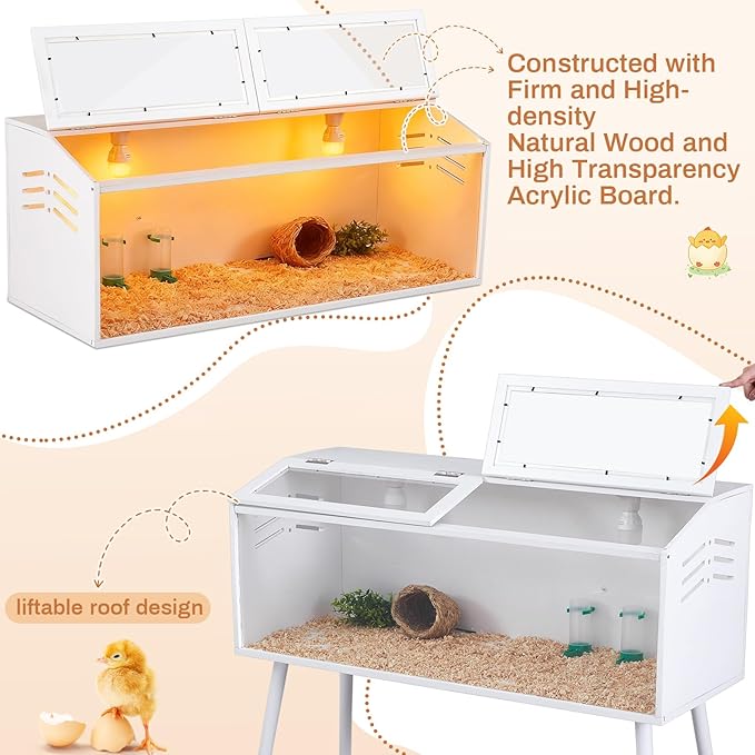 40 x 16 x 16 in Brooder Box for Chicken Quails Stand Sliding Door, Bulb Set and Feeder, Indoor Chicks Coop Brooder Box Kit, for Ducks, Hamsters, Lizards, Mice, Rat (Table Legs, White)