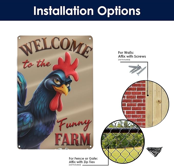 Welcome to The Funny Farm Aluminum Sign Humorous Chicken Coop Sign Rustic Farmhouse Welcome Sign for Backyard Flock 8x12 Inches Outdoor Metal Decor Style-02