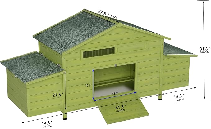 Wooden Chicken Coop for 2-4 Chickens, 69.9" Large Chicken House Poultry Pet Hutch with 2 Sides Nesting Boxes, Outdoor Chicken Tractor with 2 Free-Range Doors Leakproof Tray, Green
