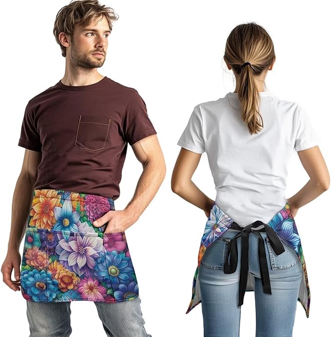 Waist Apron with 3 Pockets Waterproof 13 Inch Short Half Waist Aprons Women Men Server Aprons Waitress Waiter Apron