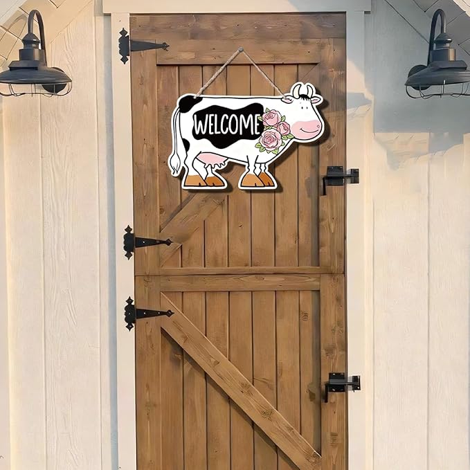 Farmhouse Decor Cow Welcome Sign, Rustic Wood Wall Art Watercolor Oil Painting Style Black and White Cow with Flowers Animal Shaped Hanging Plaque for Kitchen Porch Barn, 11.8x8 Inches