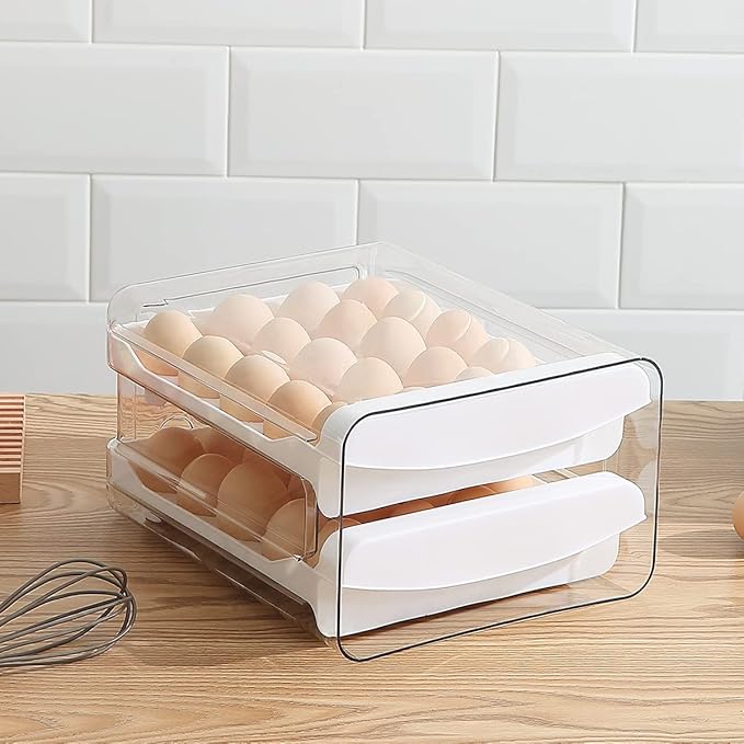 HOMQUEN Egg Holder, Clear Plastic - 2 Layer/40 Grid Egg Tray & Fresh Storage Box for Fridge