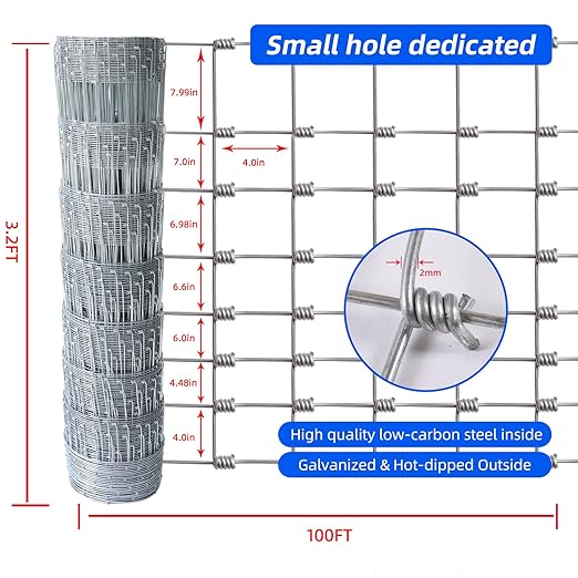 3.2ft X 100ft 14 Gauge Heavy Duty Woven Wire Farm Fence - Close Mesh Steel Wire Animal Barrier for Cattle, Pigs, Sheep, Horses | Rust Proof Deer Fencing & Livestock Protection for Small Farm