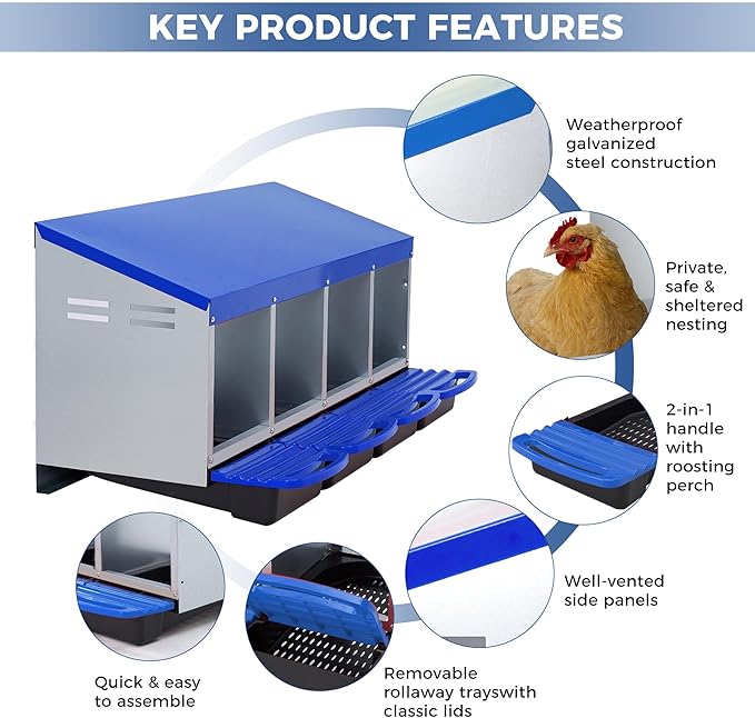 Chicken Nesting Box, 4-Hole Wall Mount Metal Chicken Nesting Box with Rollout Egg Collection & Easy-Clean Pull Out Tray, Roll Away Hen Roosting Boxes