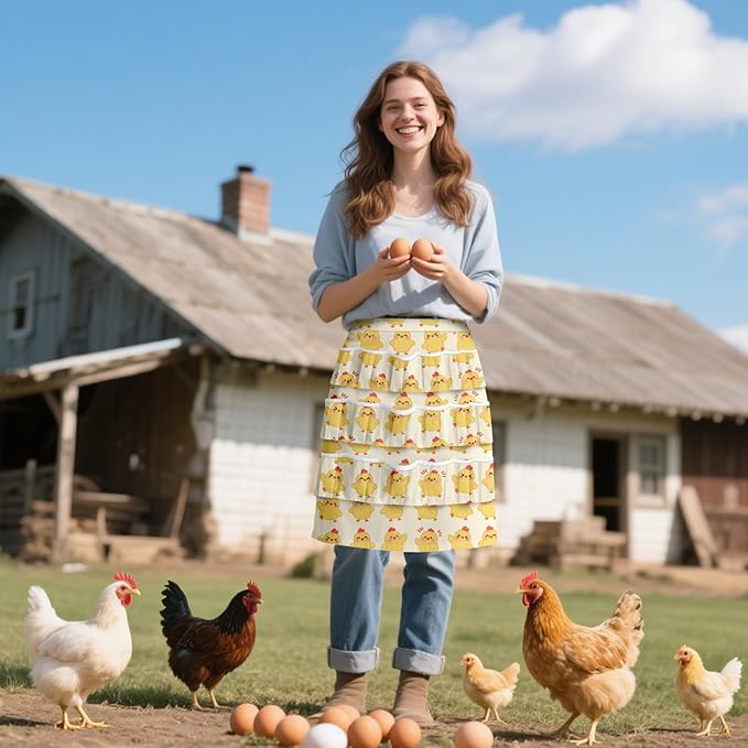 CUTHOLLOW Egg Collecting Apron for Adlut, Housewife, 18 Deep Pockets Hen Egg Gathering Holding Apron with Elastic Closures