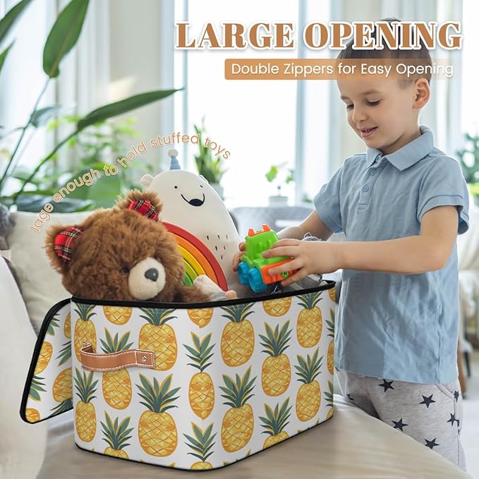 Yellow Pineapple Storage Bins With Lids Fabric Collapsible Storage Box with Leather Handles for Home Bedroom Foldable Closet Shelf Organizer