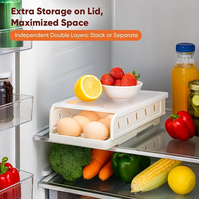 Automatic Rolling Egg Holder for Refrigerator, 1-Pack Stackable Egg Storage Containers, Smooth Glide Track, Steady Base & Dishwasher Safe