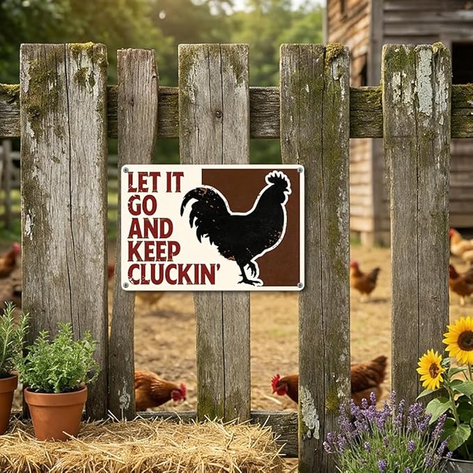 Funny Chicken Metal Sign Outdoor, Aluminum Farmhouse Wall Decor for Coop Door or Yard Area, Fluffy Humor Country Living Style, Rustic 8x12 Inch Gift