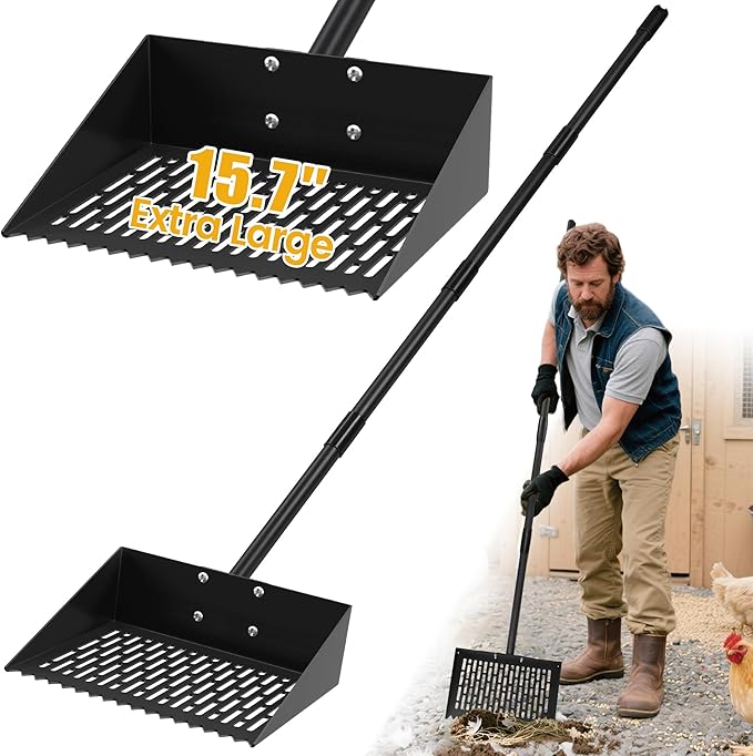 Alloy Steel Chicken Poop Scooper for Sand - 15.7” Extra Large Chicken Coop Scoop - Simplified Cleaning 40-67” Poop Scoop with Adjustable Handle
