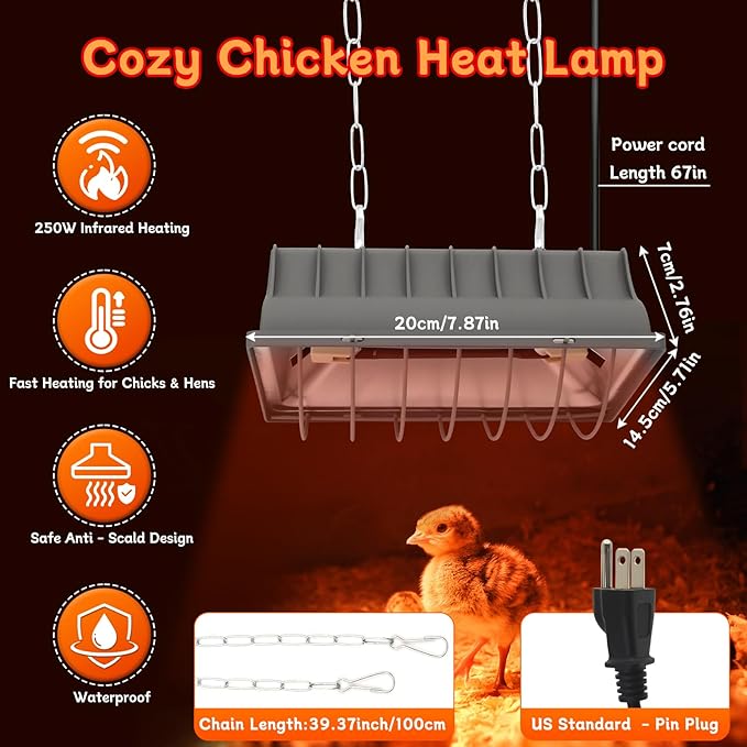 Chicken Coop Heater Lamp,250W Brooder Heating with Temperature Control Adjustable Hanging Height for Chicken,Cat Bed,Dog Kennel,Reptiles & Incubators,Poultry Heating Warm in Winter