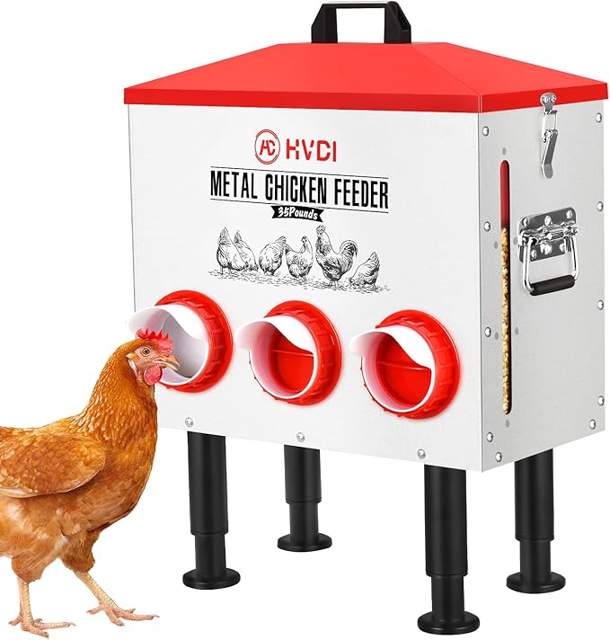 30lbs - 40lbs Large Automatic Chicken Feeder, Adjustable Stand, 6 Feeding Ports, Sloped Roof Rainproof Design Poultry Feeder (Large)