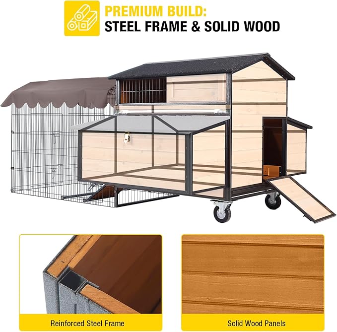 Large Mobile Chicken Coop with Run, Wheels & Leakproof Pull-Out Tray – Weatherproof Hen House with Nesting Box for Chickens, Ducks, Rabbits