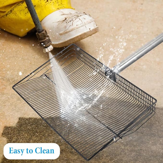 Heavy Duty Chicken Poop Scooper, 15 Inch Extra Large Chicken Coop Rake with Adjustable Stainless Steel Handle (25 to 73 Inch) for Chicken Coop & Farm Cleaning Tools