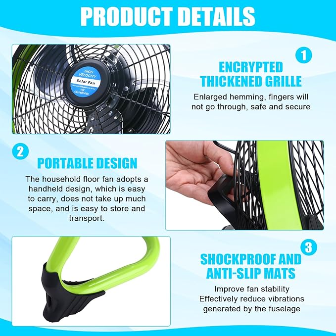 12" Solar Rechargeable Floor Fan, 15000mah 20w Battery Powered Fan with Solar Panel & Ac Adapter Charging, 3-in-1 Camping Ventilador and Light for Outside Home Patio Garage Chicken Coop Greenhouse
