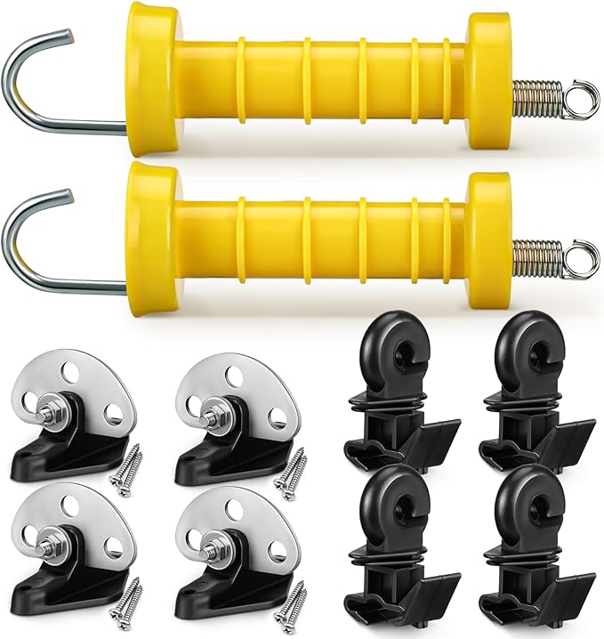 Tondiamo 2 Sets Electric Fence Gate Handle Set with Anchors and Insulators Including 2 Pcs Plastic Electric Fence Gate Handle with Spring, 4 Pieces Anchor Set, 4 Pieces Black Insulators