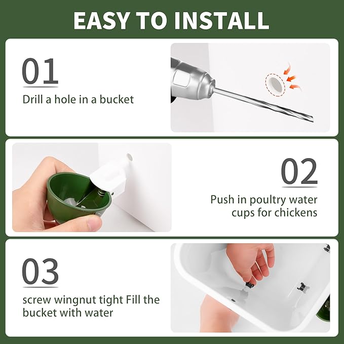 Chicken Water Cups 12 Pack, Automatic Filling Waterer Feeder Bowl, Gravity Poultry Watering System, Chicken Water Dispenser, Chicken Coop Accessories for Hens, Duck, Goose, Turkey (Green)
