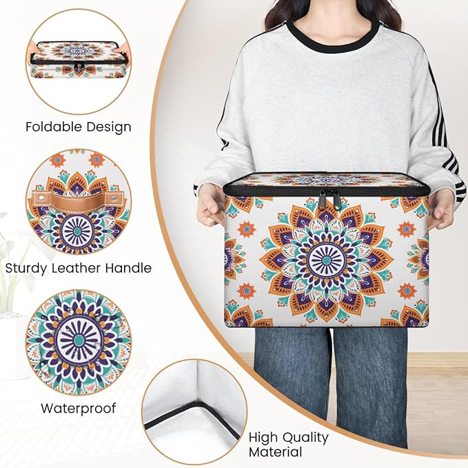 Boho Vintage Flowers Storage Bins with Zipper Lid Fabric Storage Containers for Clothes Collapsible Closet Storage Basket with Metal Frame 2 Pack