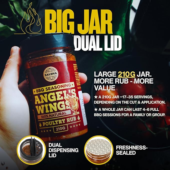 Angel's Wings BBQ Chicken Rub - 100% Natural Aromatic Wings Seasoning - Perfect Blend Of Spices For Amazing Chicken BBQ And Grill Dishes - Large Jar (210g)